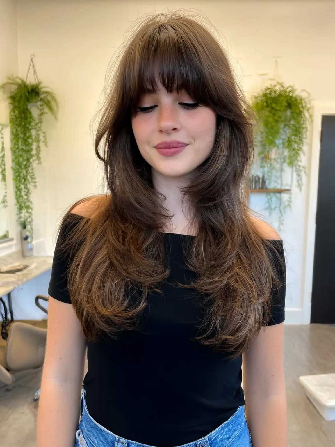 Long Feathered Layers with Blunt Bangs in Chestnut Brown
